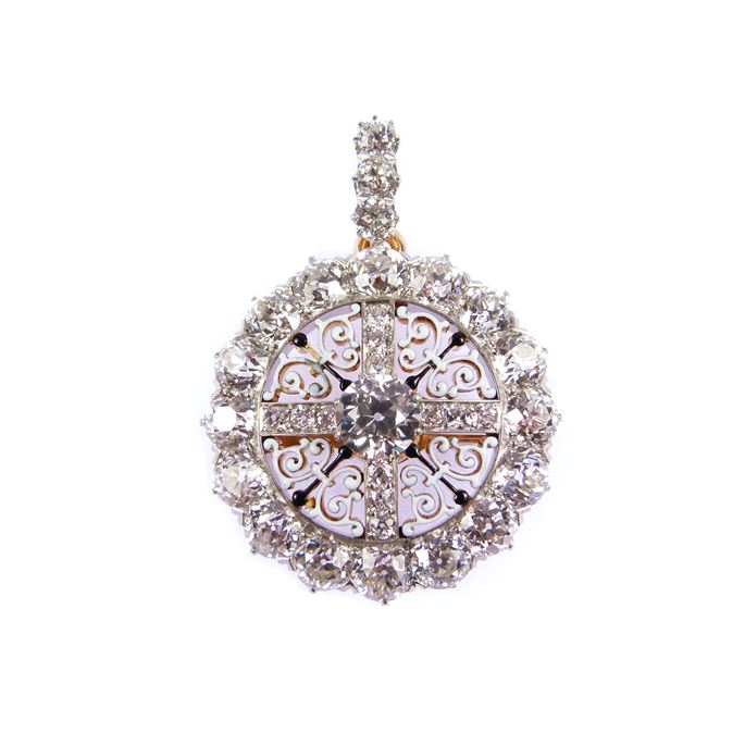 Antique diamond and enamel circular cluster brooch pendant | MasterArt